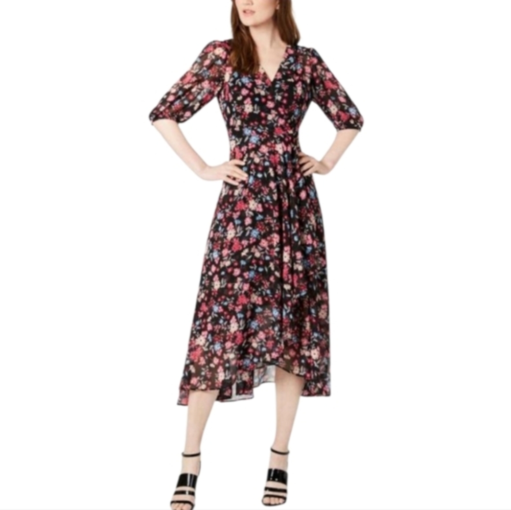 Calvin‎ Klein Floral Black Pink Midi Ruffled Wrap Cocktail Dress Women's Size 4